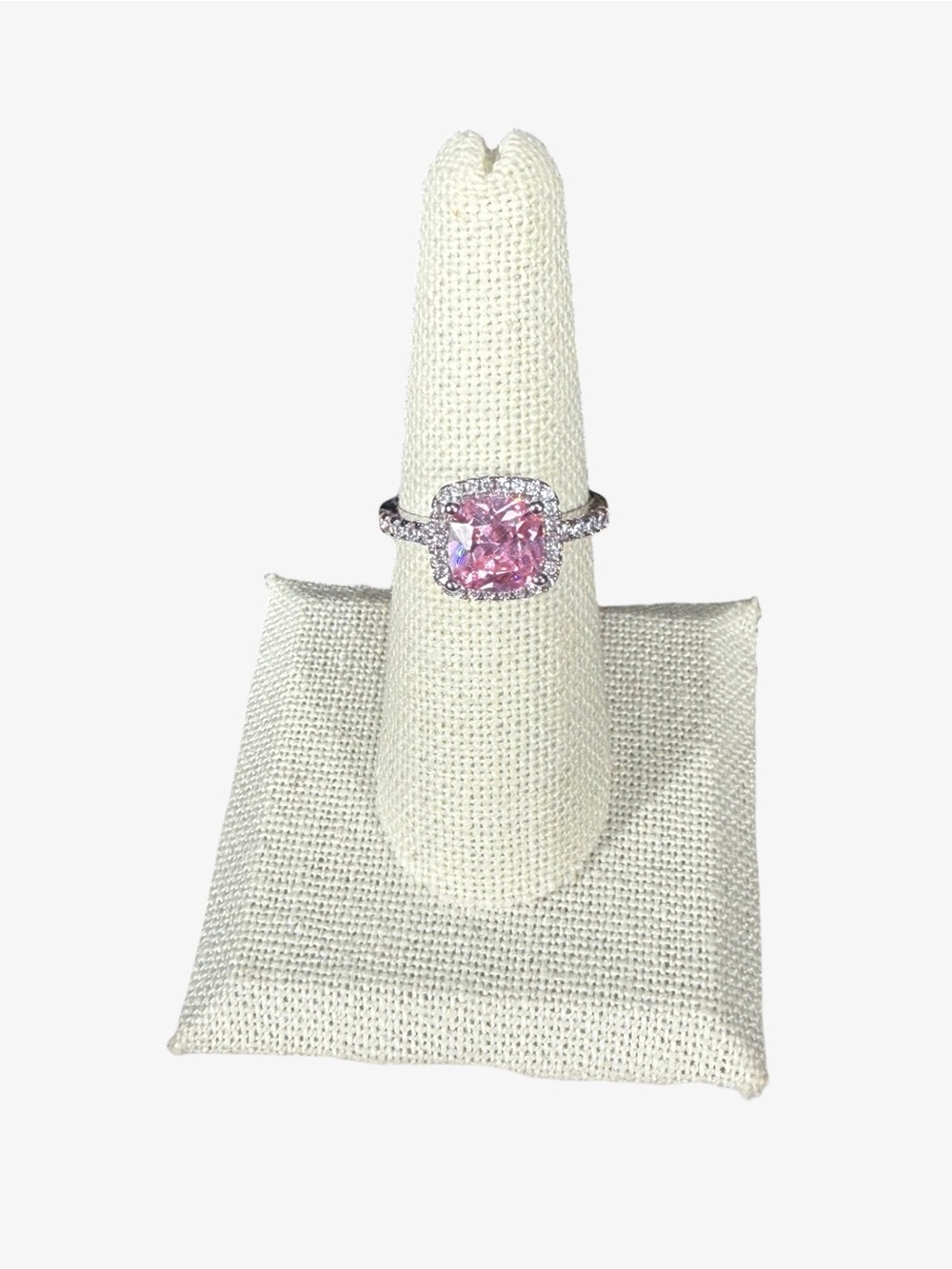Sterling Silver Pink Halo Cushion-Cut Solitaire AAA CZ Pave Ring